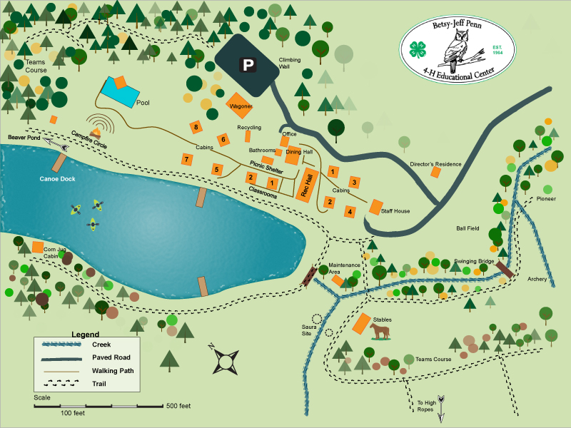 overview map of camp with buildings and trails listed